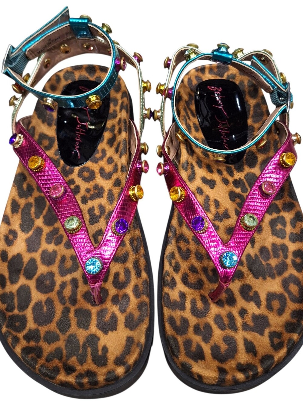 Betsey Johnson Conley Multi-Color Rhinestone Leopard Print T-Strap Sandals